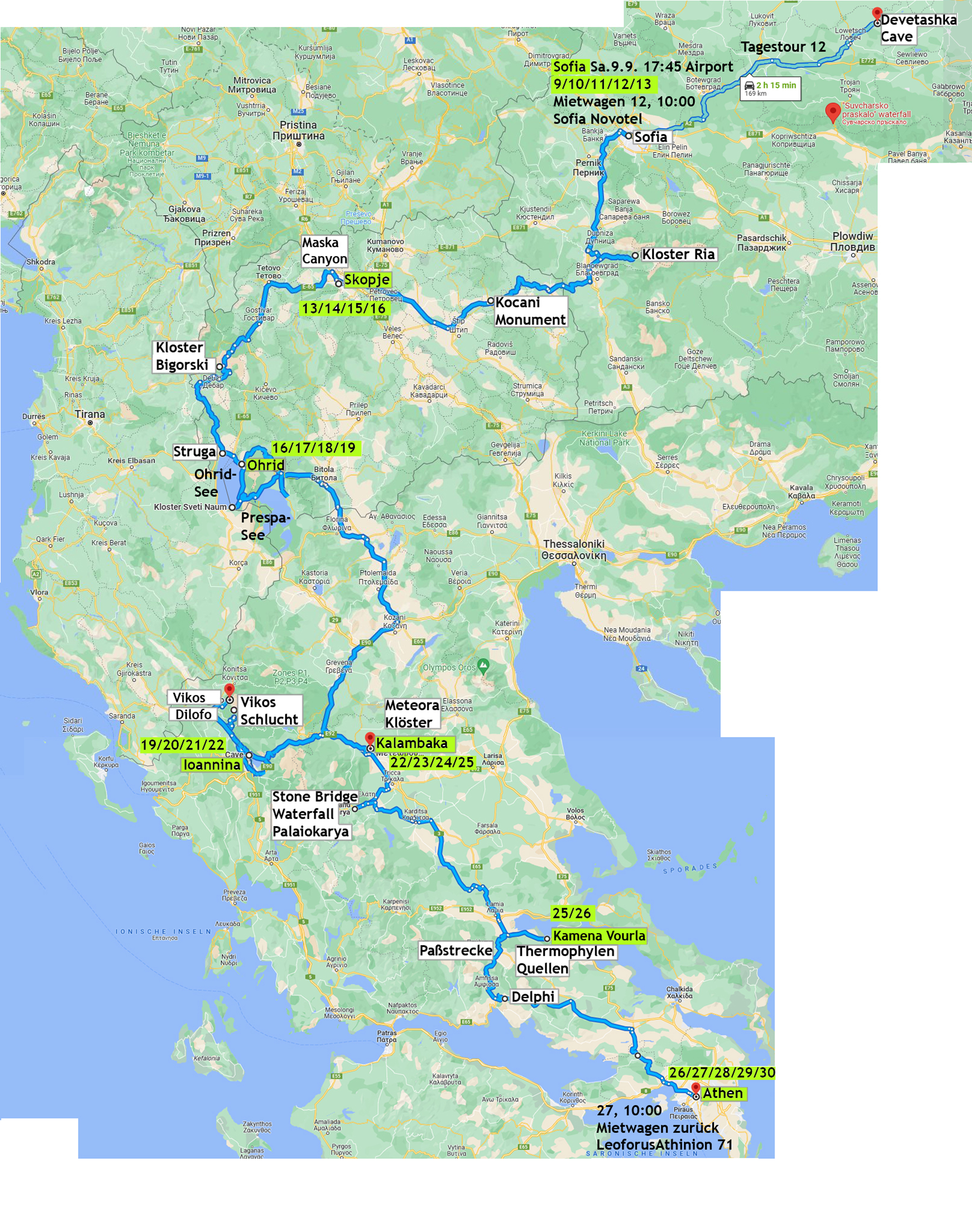 Reiseroute Bulgarien-Nordmazedonien-Griechenland